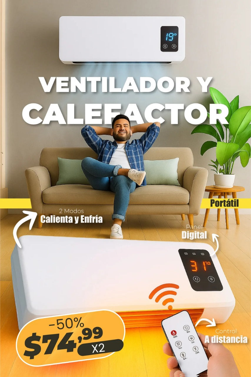 "Calefactor y Ventilador Inteligente 2 en 1 – Control Remoto y Montaje en Pared"